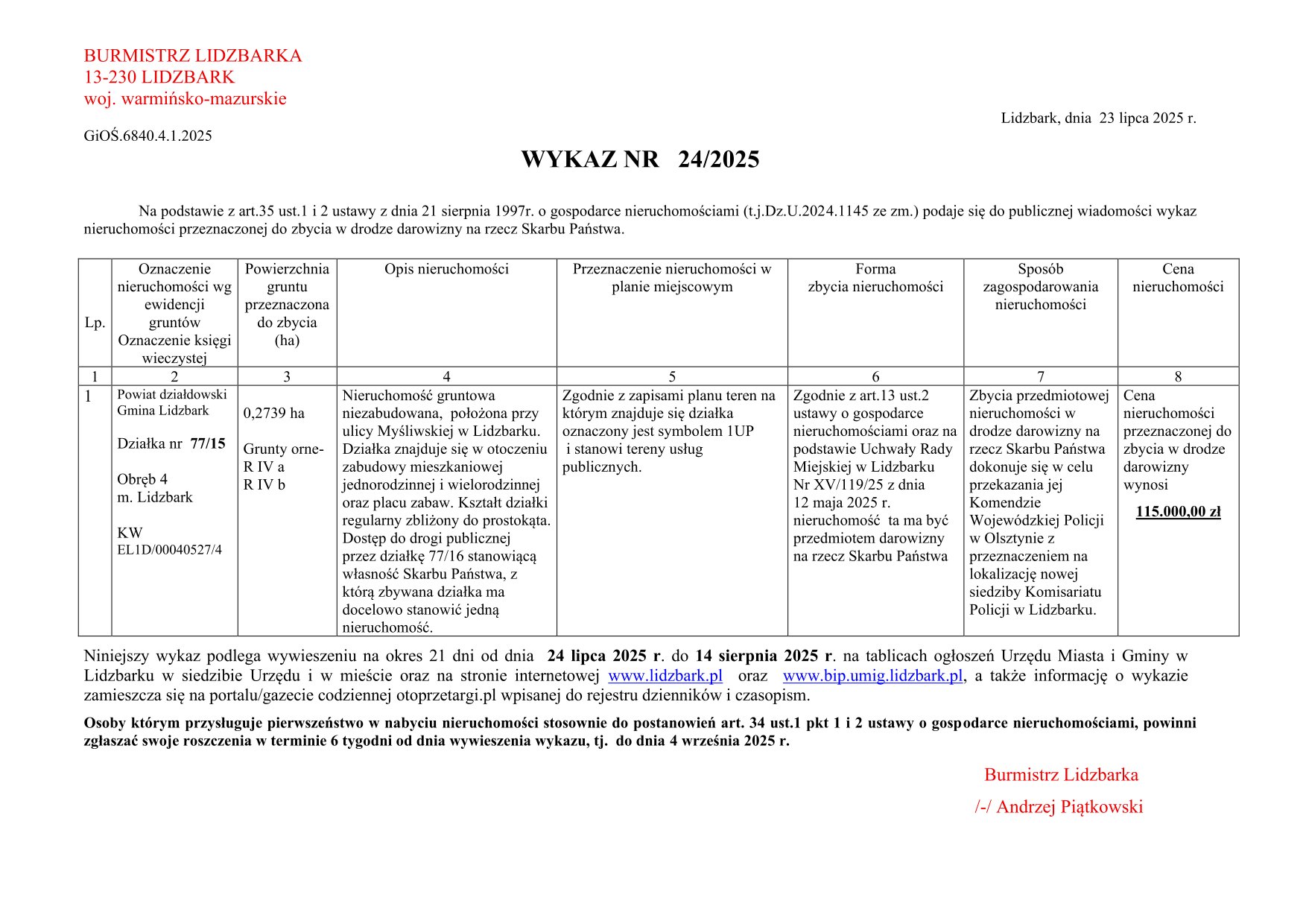 Wykaz Nr 24/2025 - Nieruchomość gruntowa do dzierżawy - obr. 4 m. Lidzbark dz. nr 77/15